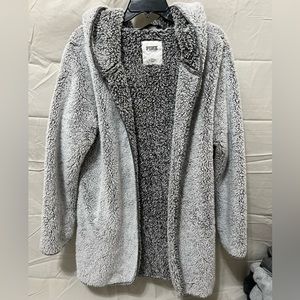 Victoria's Secret Pink TEDDY SHERPA Open Cardigan Hoodie Sweatshirt {M}